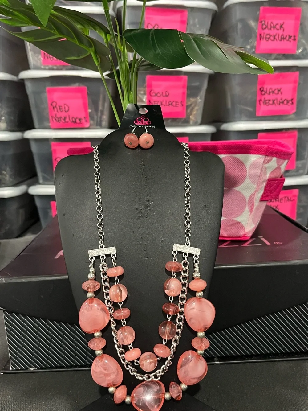 paparazzi Pink Multi-Strand Beaded Necklace with Matching Studs